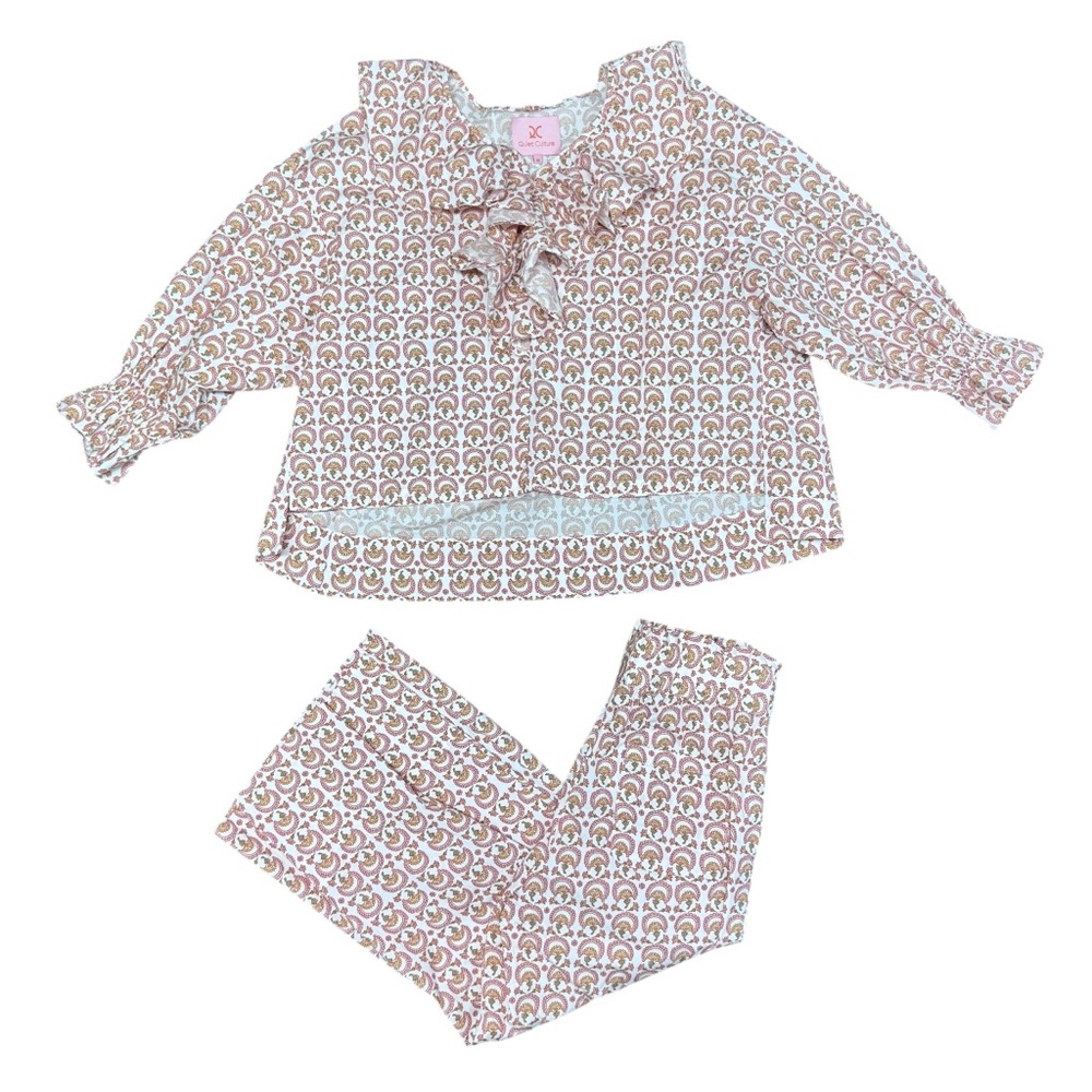 Girls' Two-Piece Pajama Set with Bow in Pink and Cream